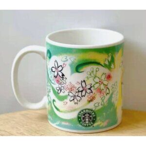 STARBUCKS 2004 SAKURA JAPAN GREEN FLORAL COFFEE MUG CUP 10 oz RARE DISPLAY ONLY